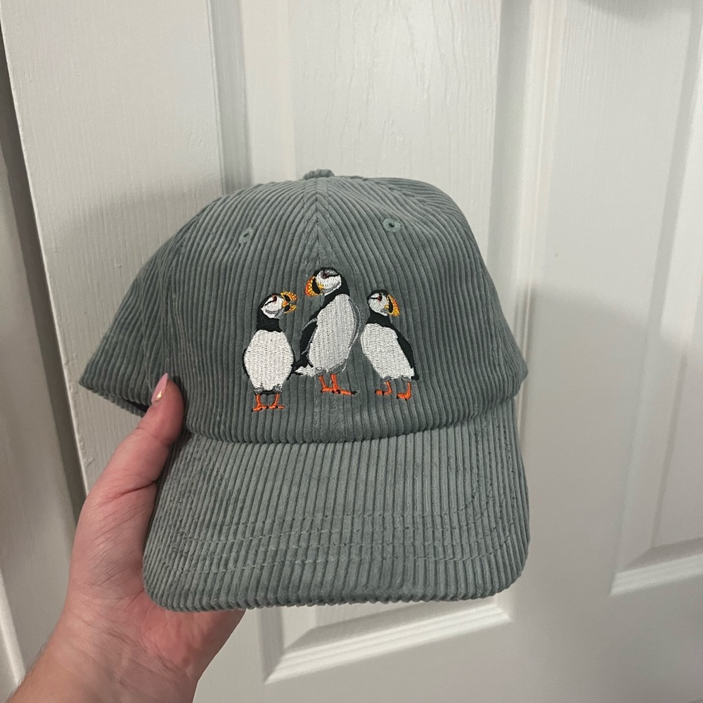 Gray Corduroy Cap with Puffin Embroidery